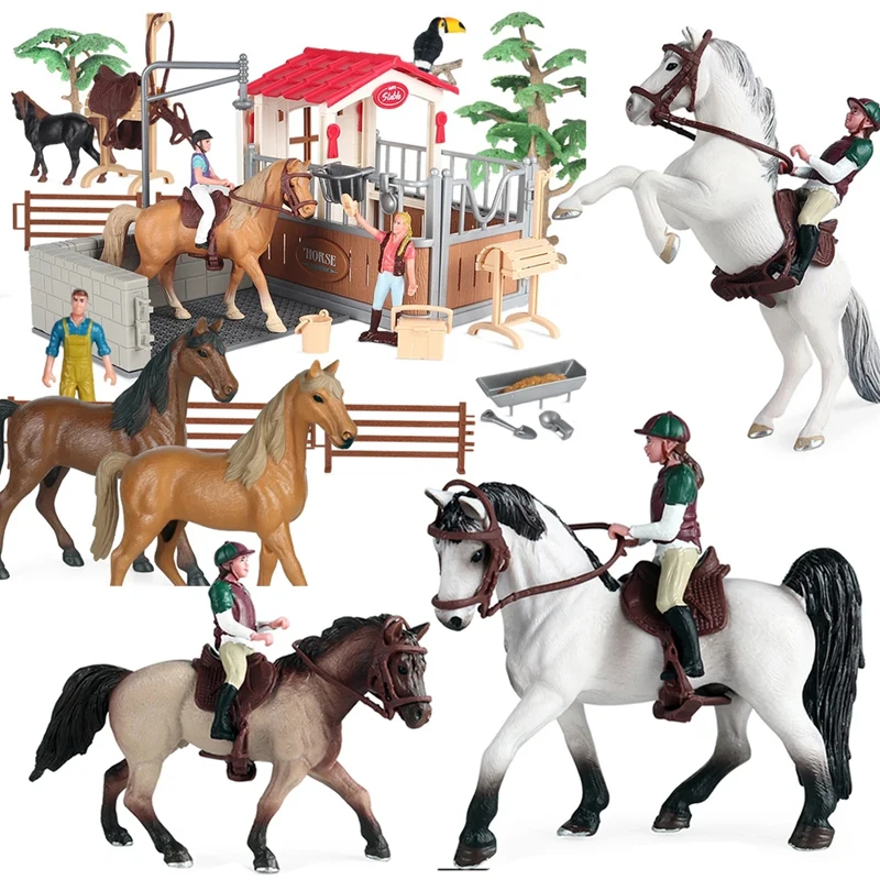 Simulation Farm Horse Fence Cart Animal Figurine Equestrian Knight Rider Stables House Model Action Figure Kids Educationa Toys