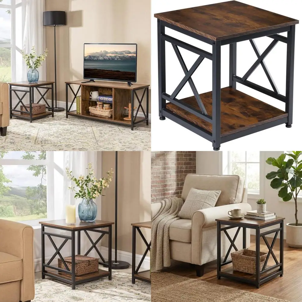 

Rustic 2-Tier Metal End Table, 18 Square X-Frame Nightstand for Living Room & Bedroom