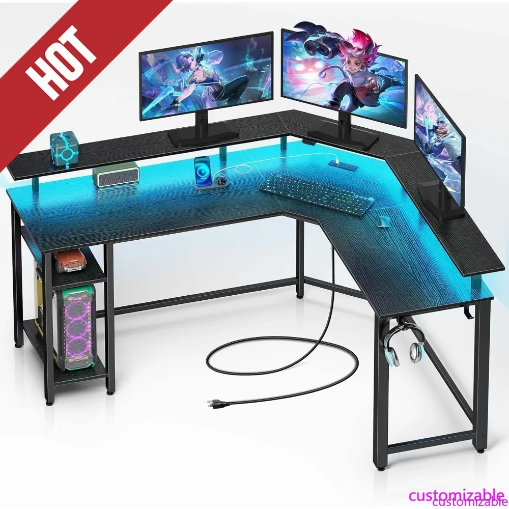 L Shaped Gaming Desk with LED Lights & Power Outlets, 46.2