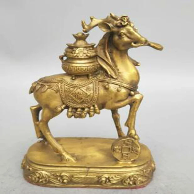 

Chinese Exquisite Carved Brass Plum Blossom Deer Fortune Statue