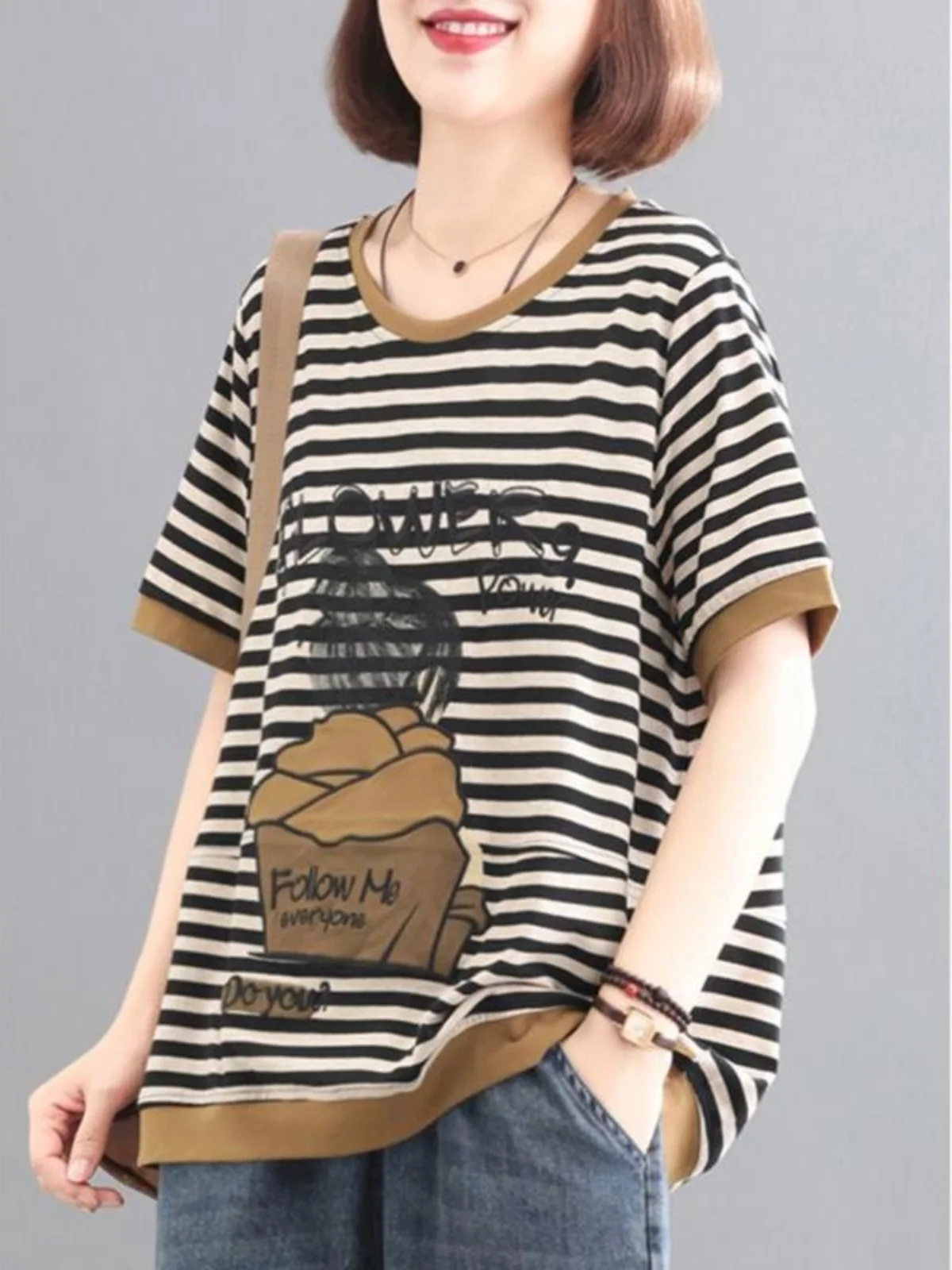 ドーパミンサマーレディースカジュアルストライプ半袖オーバーヘッドファッションプラスサイズ服カバーアップレディースtシャツ耳カバー