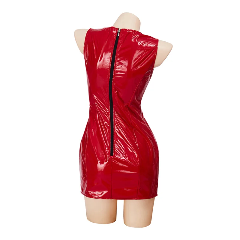 Pam & Tommy Pamela Anderson Cosplay Costume Sexy Red Leather Mini  Sleeveless  Bodycon Dress  Party Ball Gown