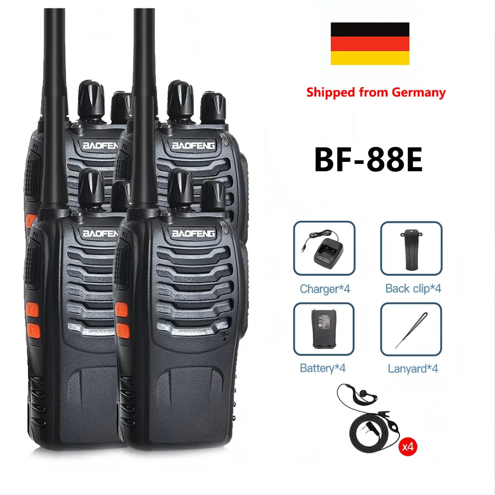 4 Stück BAOFENG BF-88E Walkie Talkie PMR Zwei-Wege-Radio 446.00625-446.19375 MHz 16CH mit USB-Ladegerät und Headset, Versand aus Frankreich