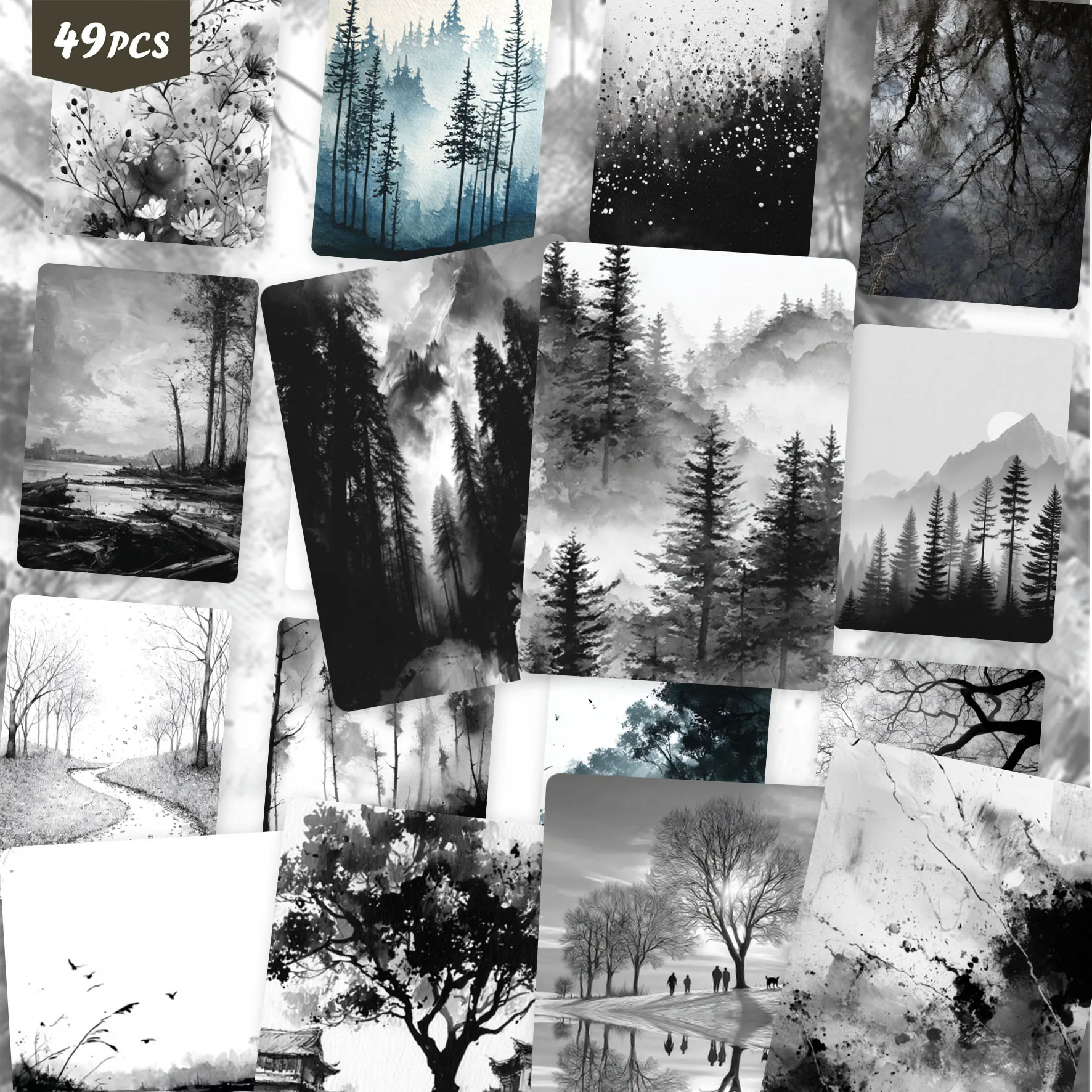 49PCS Ink Wash Scenery Stickers for laptops, Misty Mountain Patterns, Ideal for Journaling & Handmade Card Making