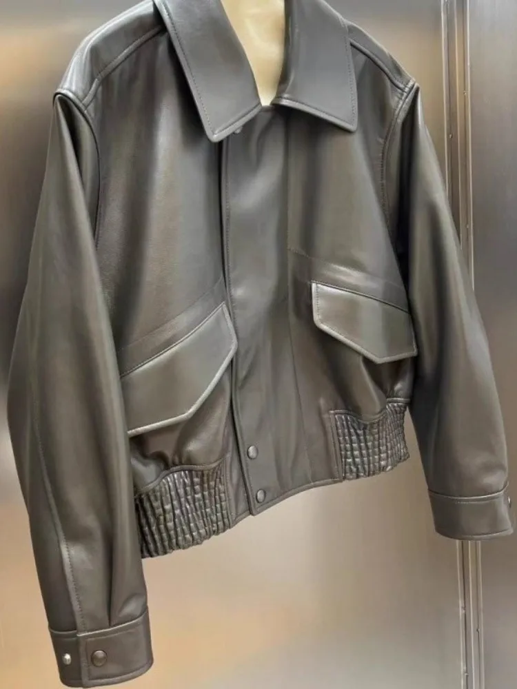 Women Casual Genuine Leather Short Jacket Loose Fit Streetwear Single Breasted High Quality Natural Sheepskin Motorcycle Coat