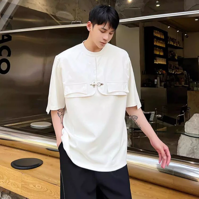 Men Fake Two Piece Round Neck T Shirt Metal Buckle Pocket Short Sleeve Tops Summer Loose Fashion Streetwear Male Casual Pullover