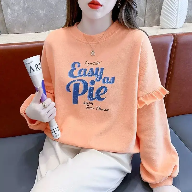 Women's Spring Autumn Pullover Long Sleeve Round Neck Ruffles Printing Letter T-shirt Hoodies Comfortable Casual Classic Tops