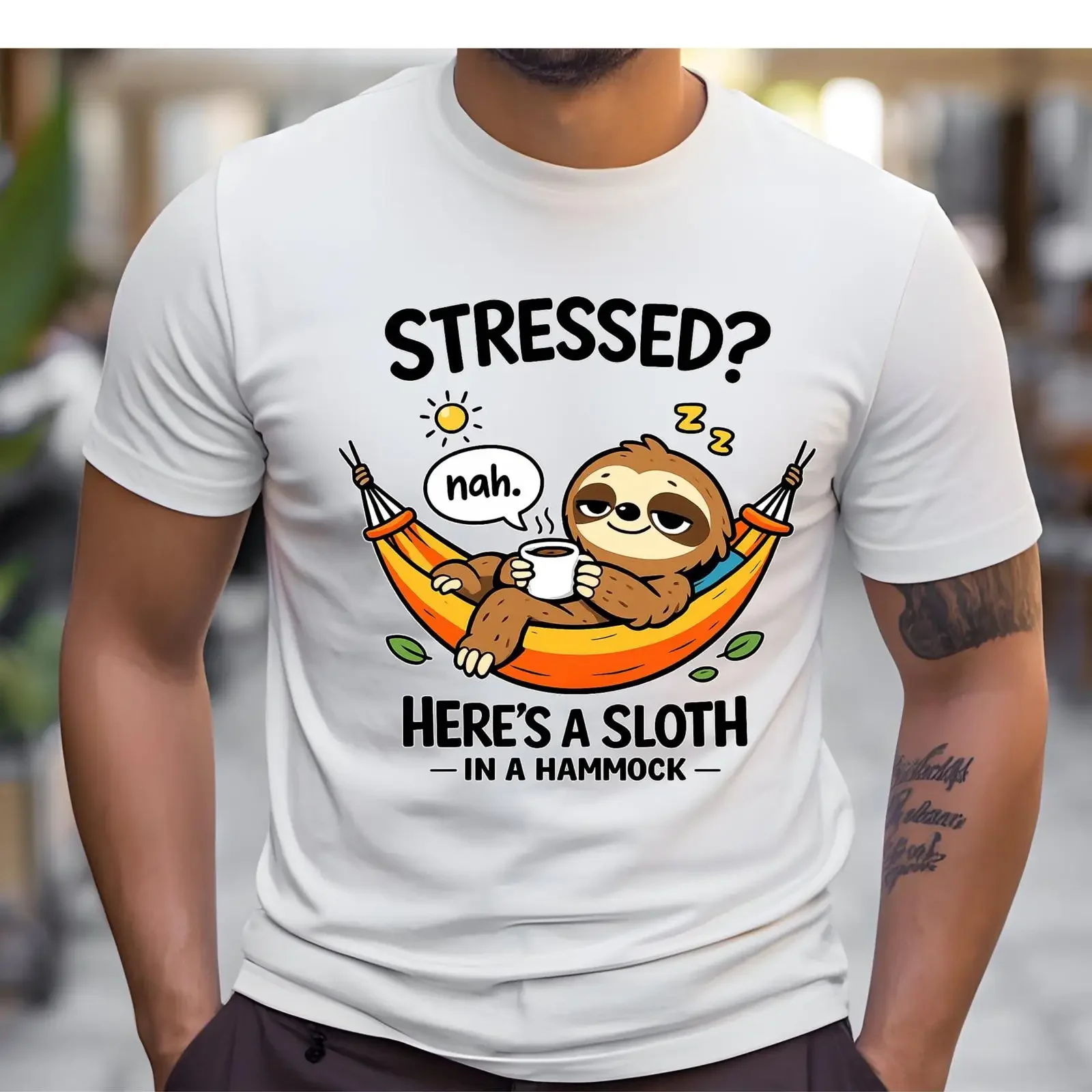 Sloth in Hammock T Shirt Relaxed Coffee Drinker vintage Washed Comfortable Soft streetwear Top For Everyday Wear Stylish