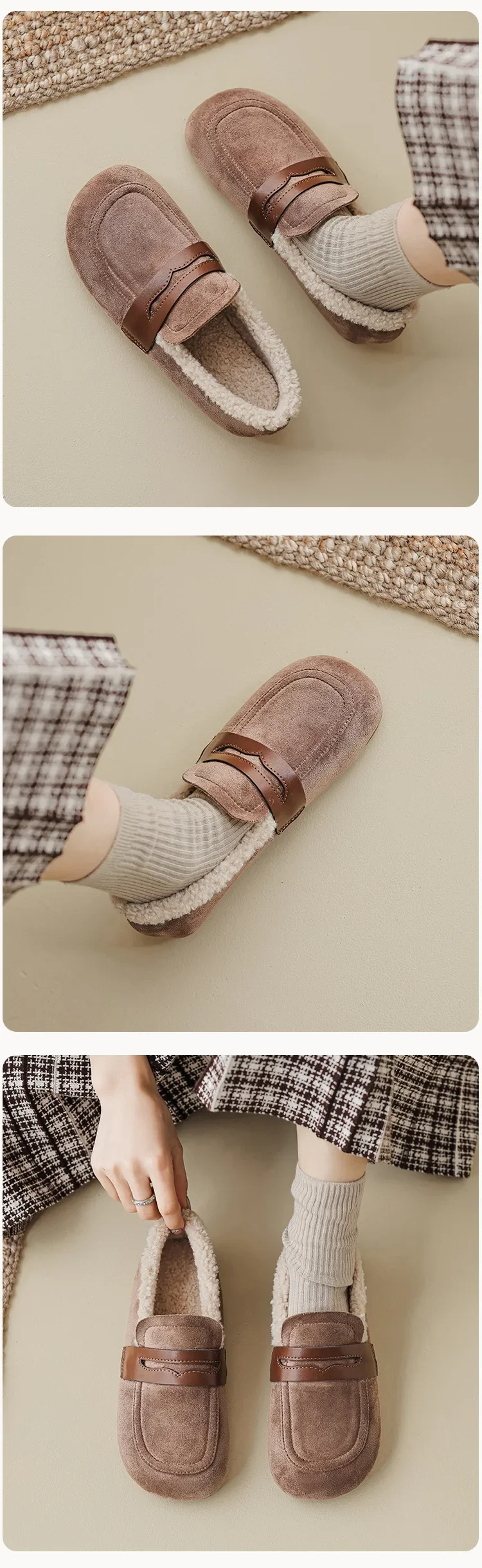 Lässige Flache Schuhe aus Lammwolle für Damen, Schuhe mit Obermaterial aus Flock, Winter-Loafer mit breiter, quadratischer Zehenpartie, Pelz-Mokasins für Damen, mit Baumwollfutter, Schafsfell-Stiefel – Detail 10