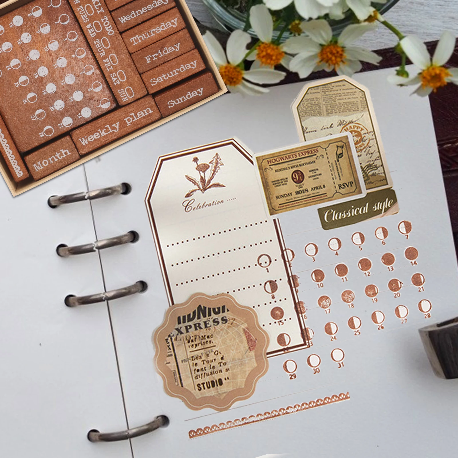 

12Pcs Vintage Wooden Week Stamps Durable Wood Stamp Set for DIY Journaling Scrapbooking Crafts Wooden Week Stamps