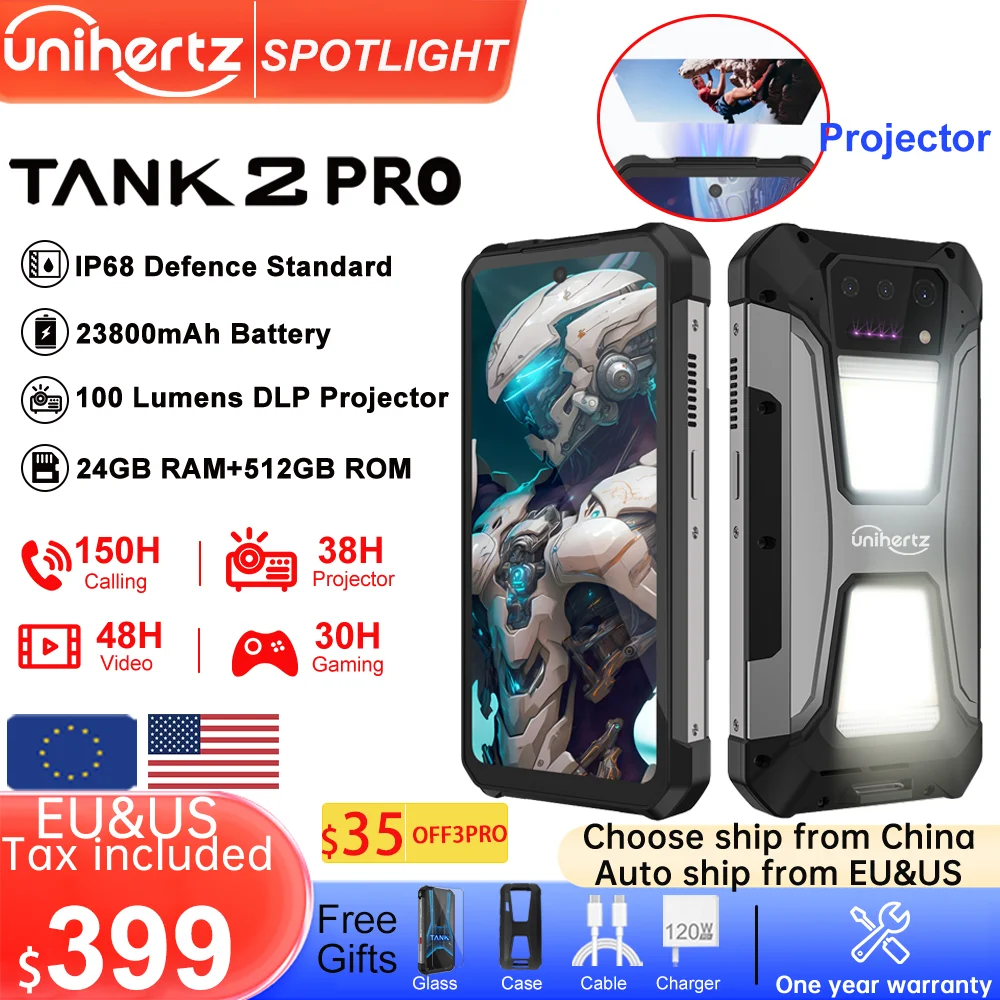 

EU US stock Unihertz tank 2 Pro 8849 rugged phone with projector Android 14 100MP 16GB 256gb100mp NFC 120W charger 23800mAh