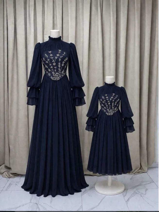 Customized Intricate Matching Chiffon Sequined Pleat A-line High Collar Long Prom Dresses Bespoke Occasion Simple Evening Gowns