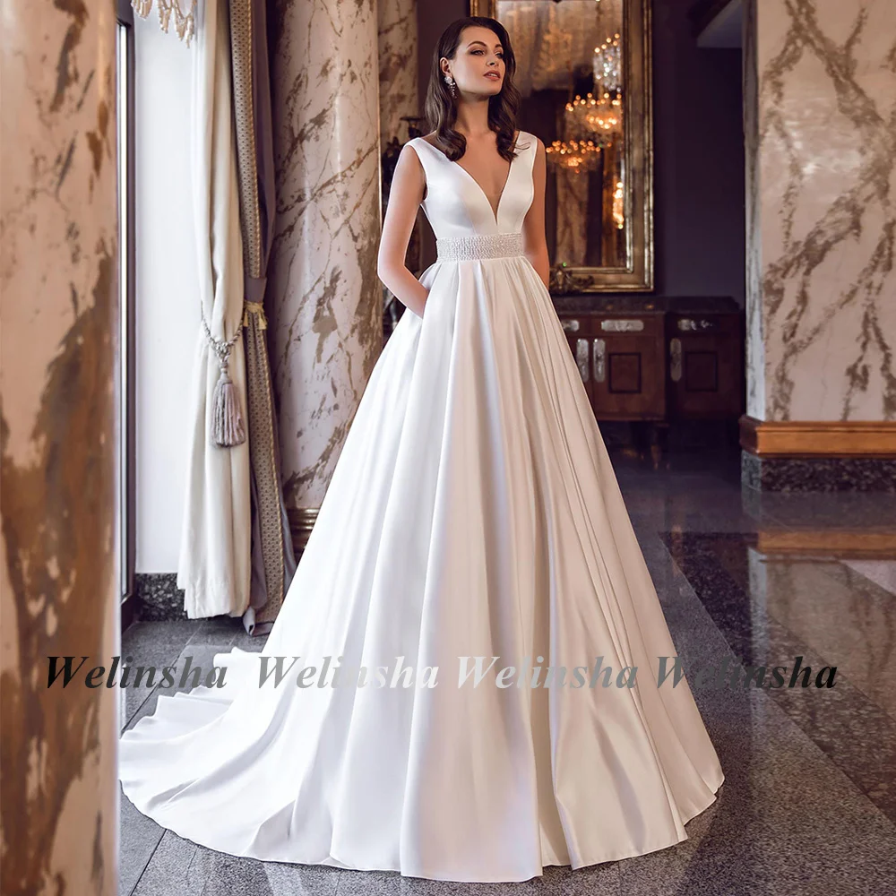 

Weilinsha Satin Wedding Dress Robe De Mariage Elegant V Neck Sleeveless Beading Belt Sweep Train A Line Corset Bridal Gown