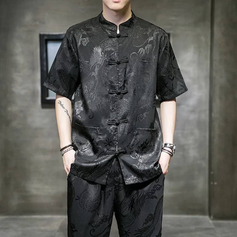 Men's Summer Lightweight Short‑Sleeve Jacquard Mandarin Collar Shirt Retro Chinese Style Dragon Pattern Oversized Loose Fit Top