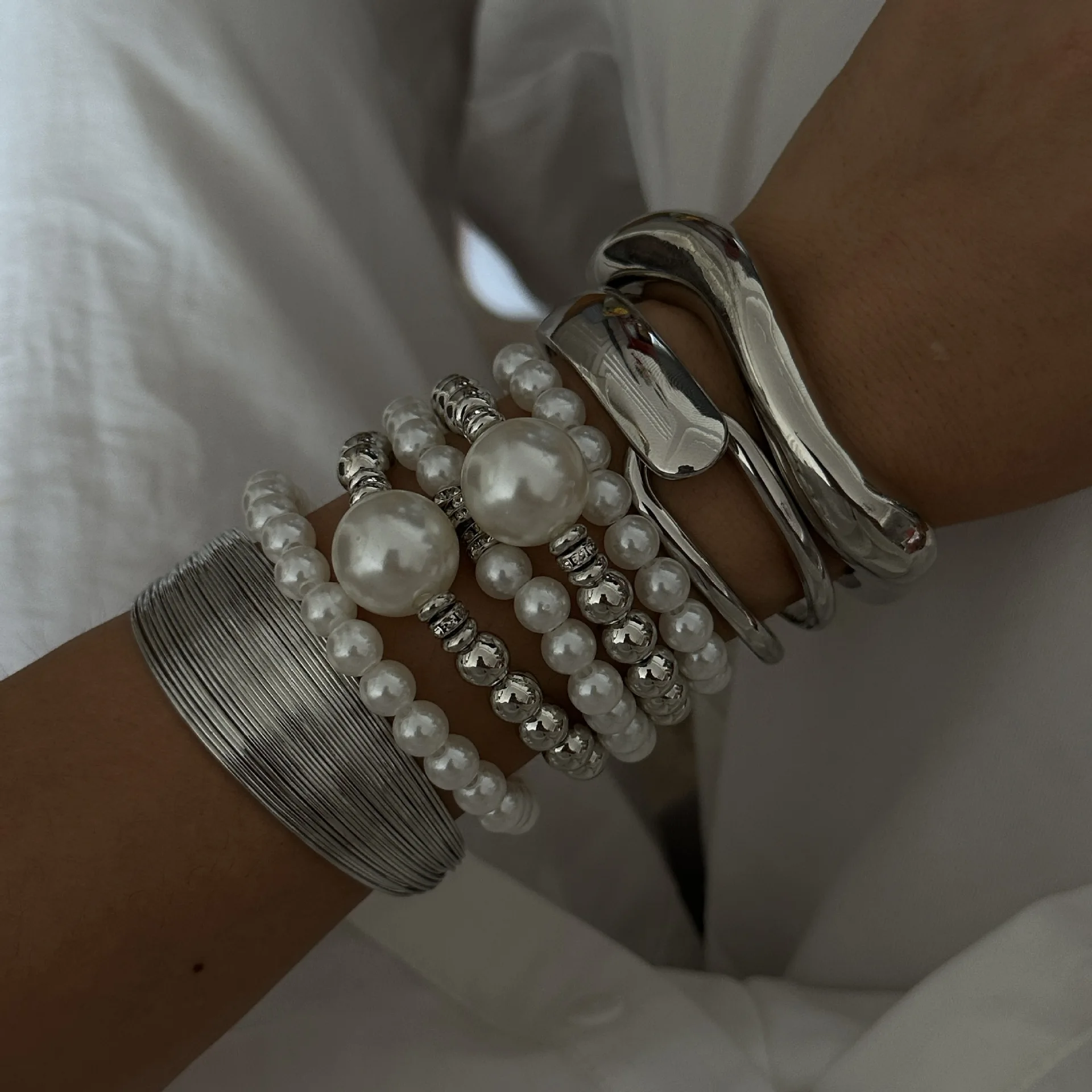 DIEZI Punk Hip Hop Multilayer Pearl Beads Strand Bracelet Fashion Silver Color Geometric Spring Bangles For Women Men Jewelry