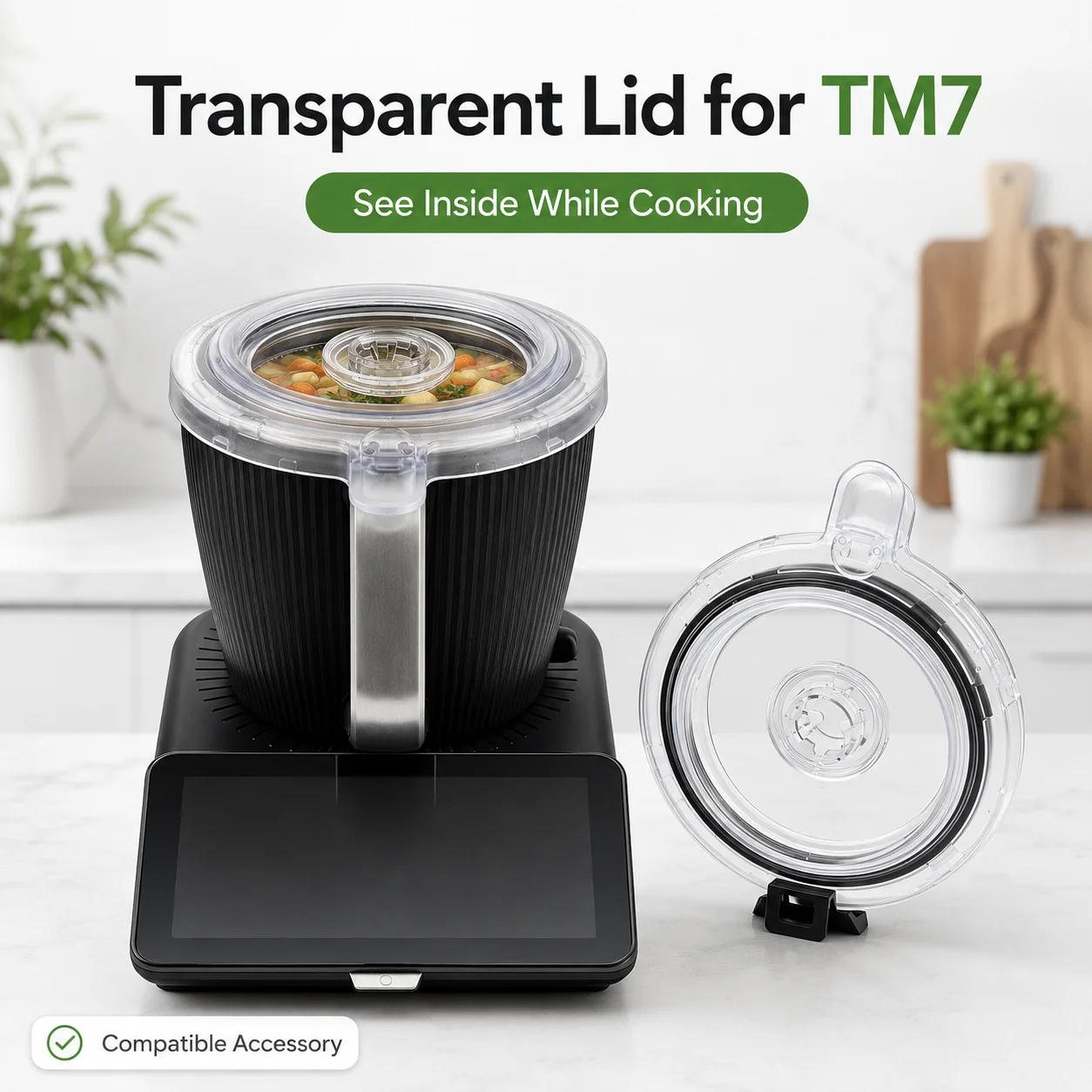 Transparent Lid Compatible with Thermomix TM7, Clear Visual Cooking Cover with Removable Center Cap for Easy Ingredient Adding
