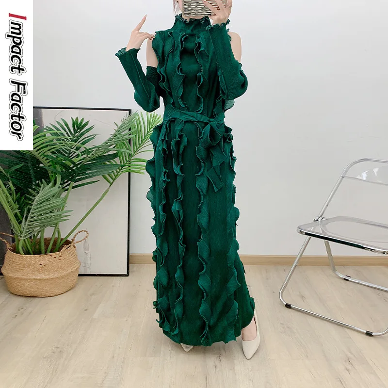 

Новое длинное платье с открытыми плечами и рукавами, плиссированное вручную, летнее плиссированное платье для тяжелой промышленности со свободным поясом на талии