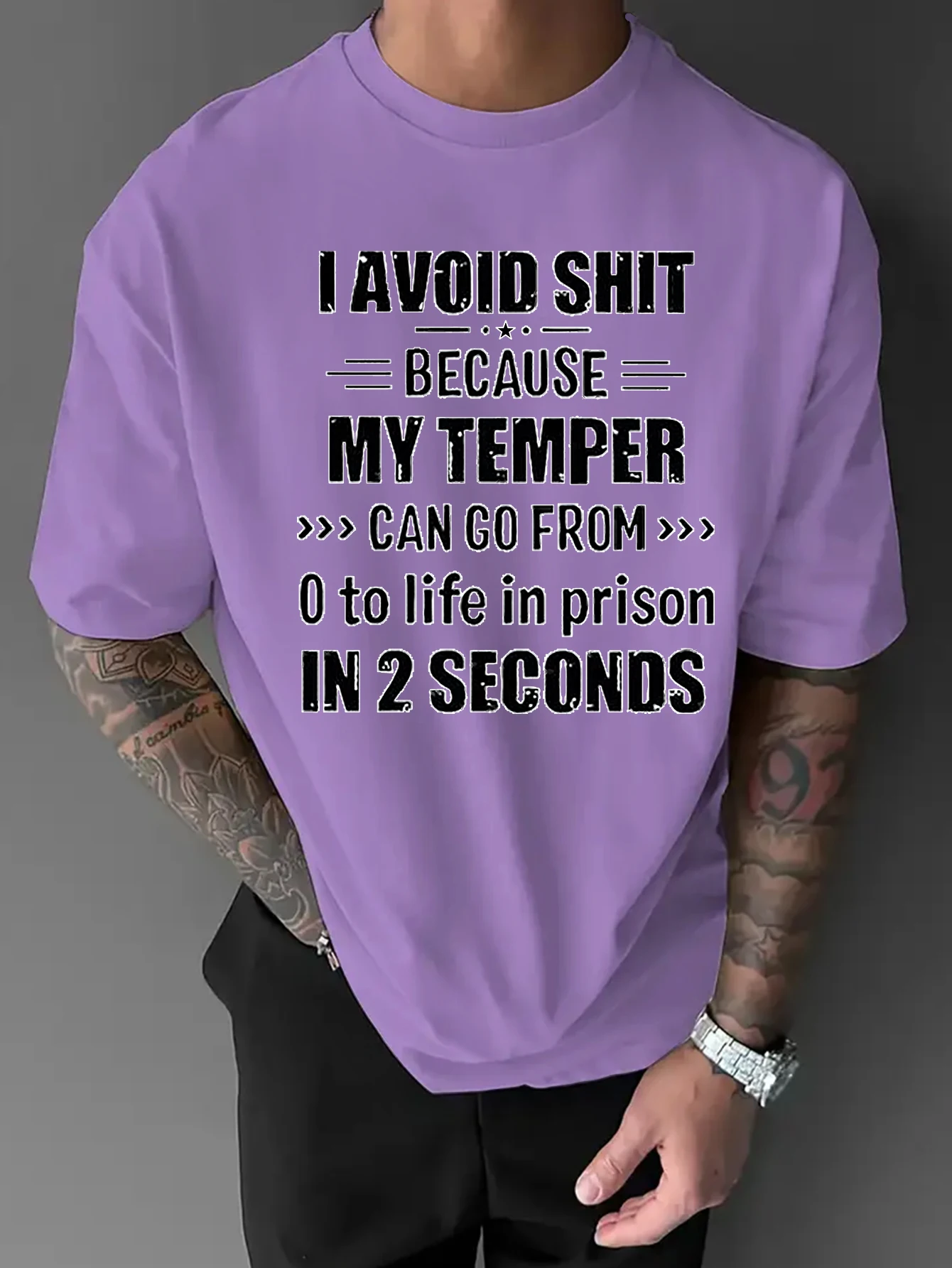 Men Oversized Crew Neck T-Shirt, Funny Slogan I Avoid Shit Because My Temper Text Graphic Short Sleeve Tee, Humor Casual Top