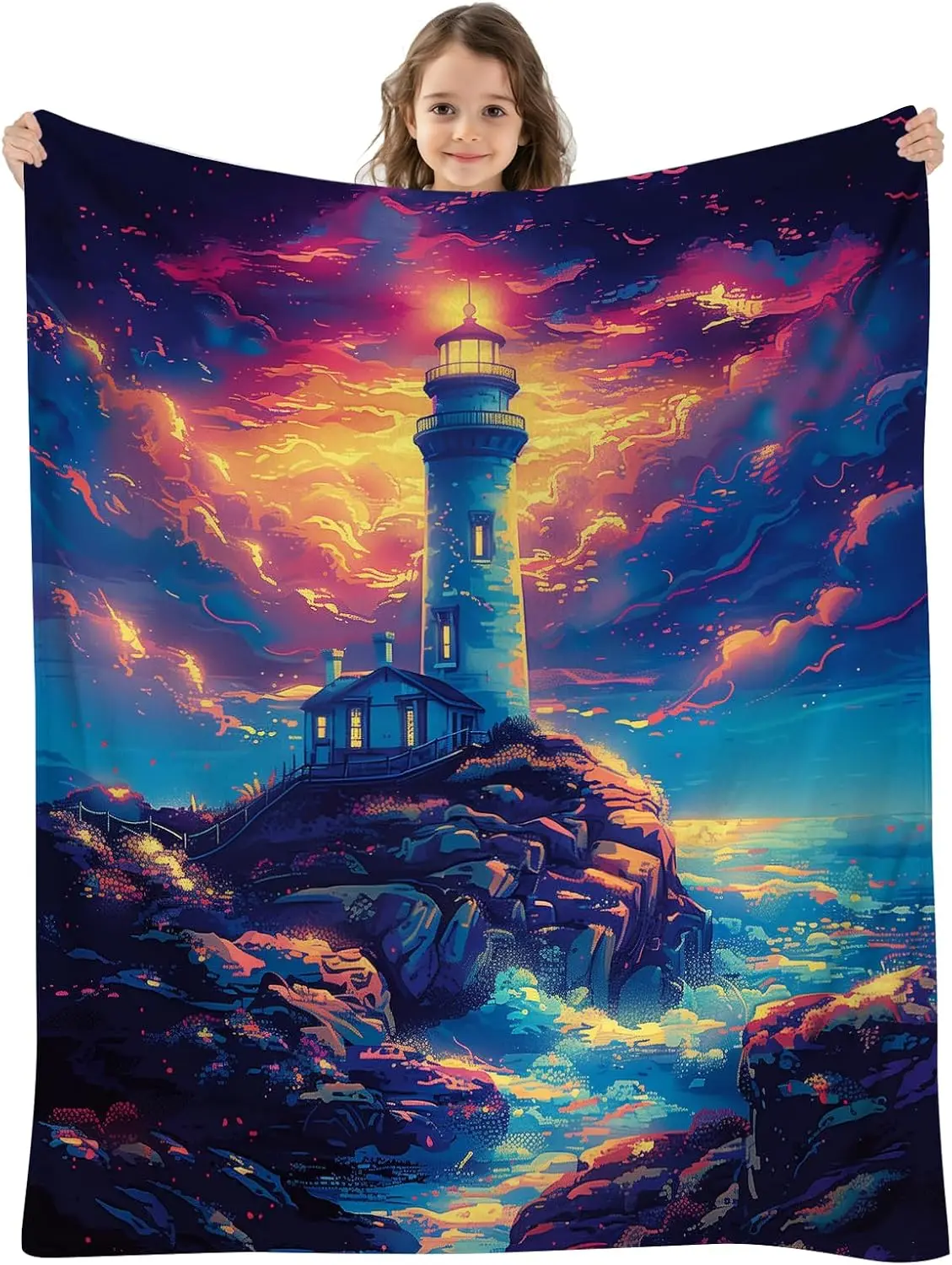 Vibrant Neon Sky Rocky Cliff Lighthouse Glowing Sea Wave Flannel Throw Blanket, Warm Cozy Blanket, Dreamy Decor Gift For Bedroom