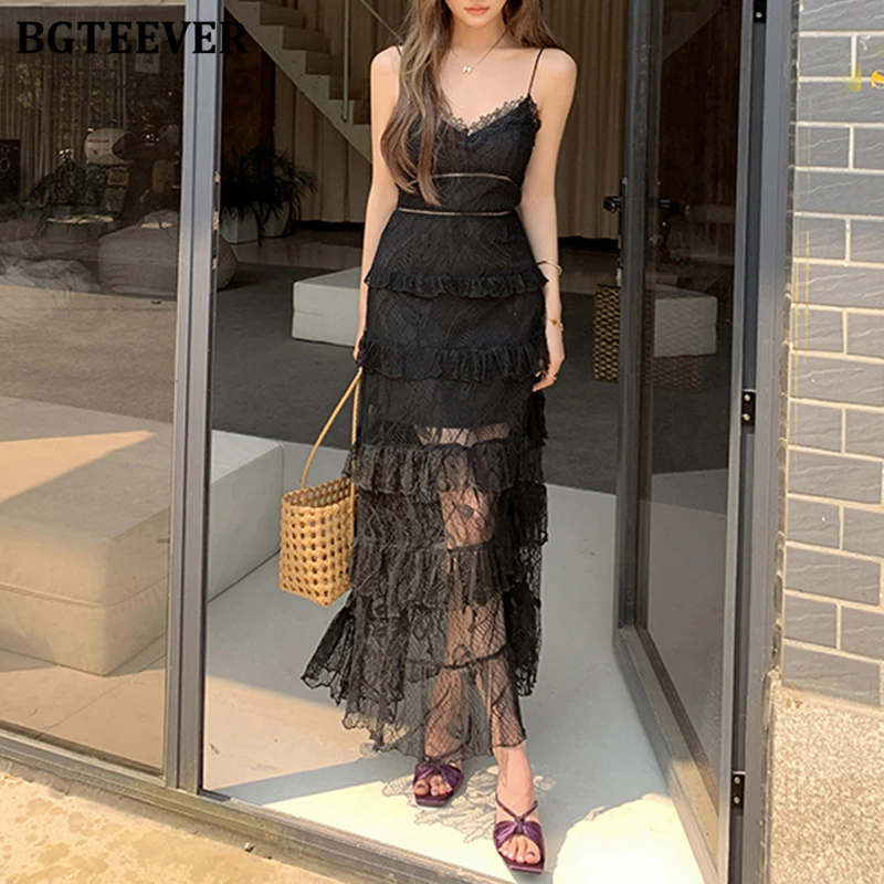 

BGTEEVER Stylish V-neck Women Spaghetti Strap Bodycon Lace Dress Summer Fashion Ladies Slim Package Hip Sleeveless Dress