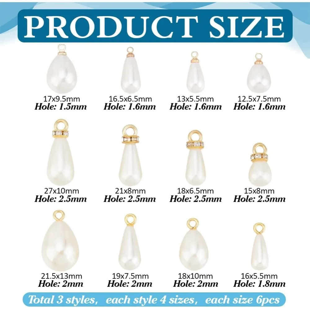 4 Sizes 72pcs Teardrop Pearl Pendants 3 Styles Waterdrop Pearl Pendants White Imitation Pearl Pendants