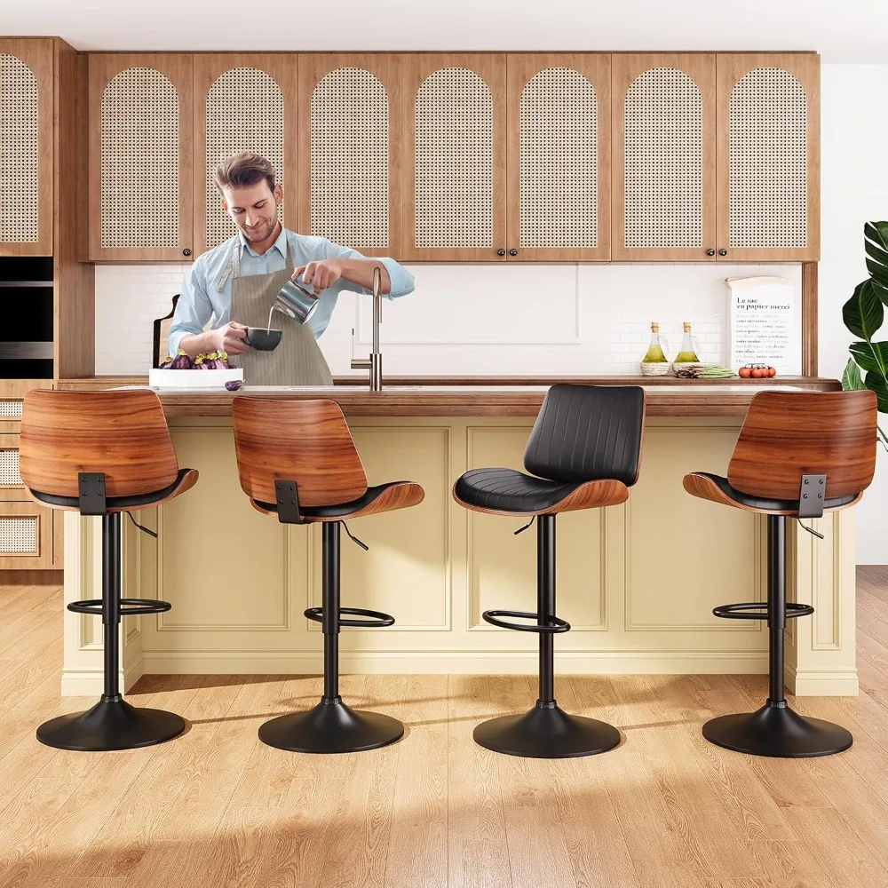 Conjunto de 3 bancos de bar, bancos de bar modernos com encosto de madeira curvada e assento de couro, bancos de bar para balcão de cozinha