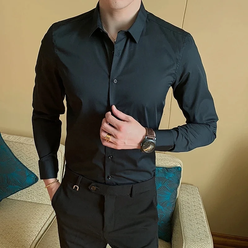 2024 Classic Men's Business Fashion Work Long Sleeve Shirt Solid Color Casual Slim Cotton Formal Shirt for Men in 7 Colors