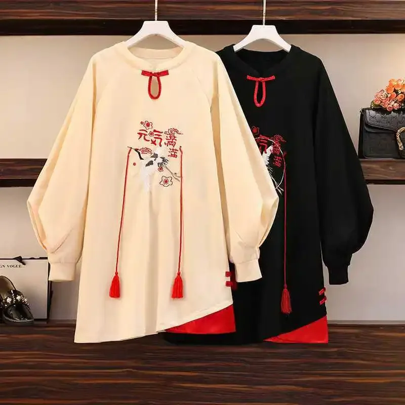 Fall Clothes 2024 Chinese Style Vintage Autumn Clothing Oversized Long Sweat Shirts Women Pullover Sweatshirt