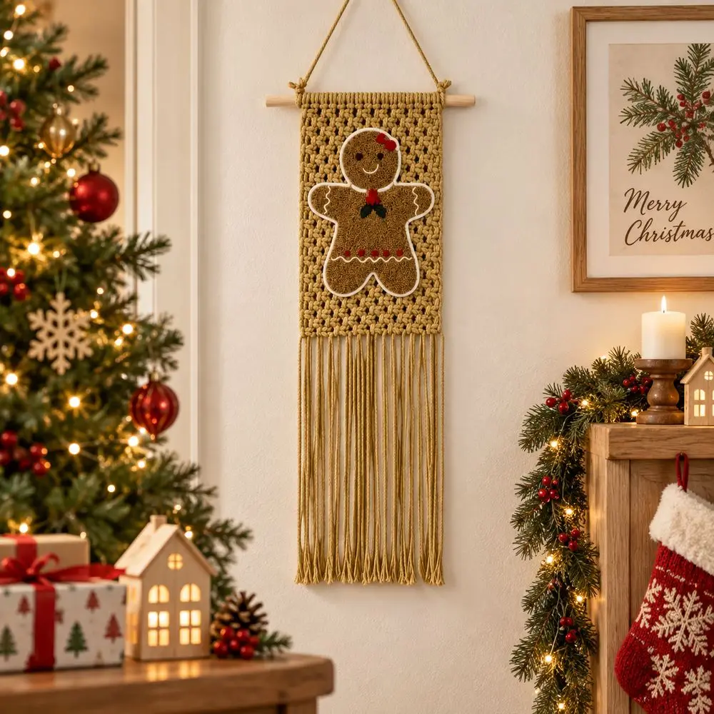 25x60cm Gingerbread Man Wall Hanging Handmade Woven Rustic Style Christmas Wall Tapestry Gingerbread Pattern Tassel Fringe