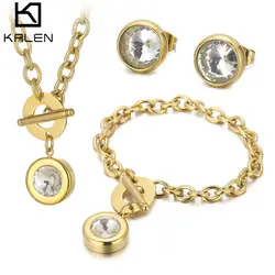 KALEN Wedding Party Jewelry Stainless Steel Zircon Simple Necklace Bracelet Earring Set For Women Engagement Party Accessories