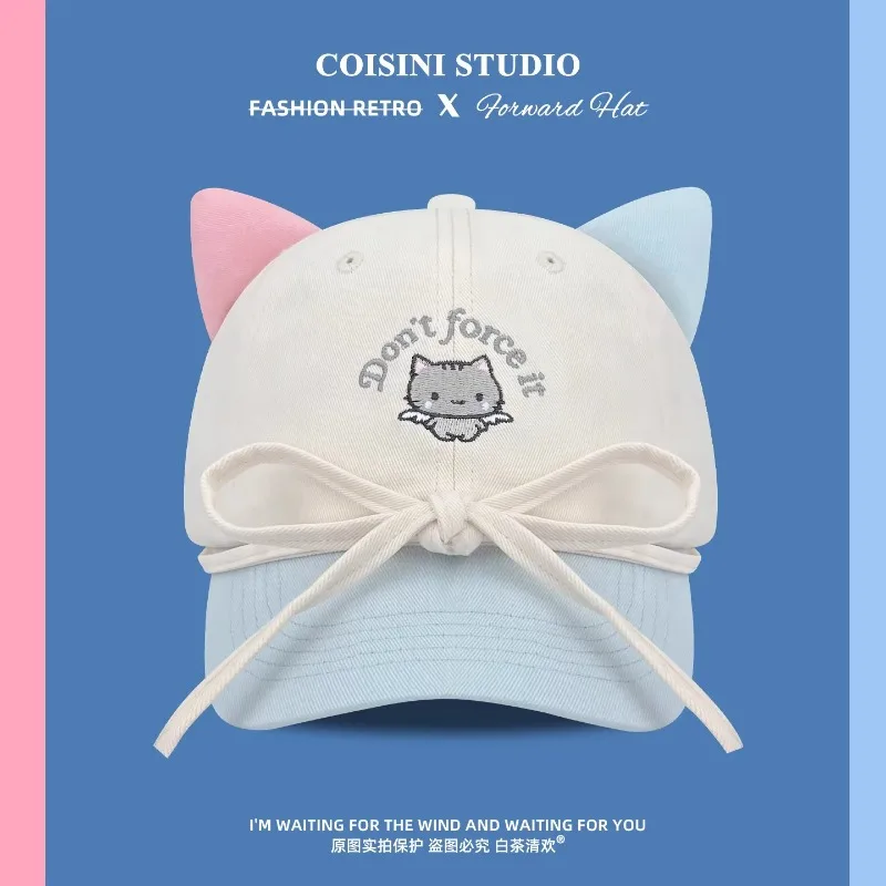 

Милая бейсболка с вышивкой в виде мультяшных ушек кошки, разноцветная, для женщин, весна-лето, для путешествий, солнцезащитная, универсальная, с бантом и ремешком