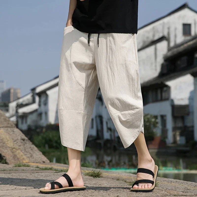 

Pop 2024 Summer Men's Pants Chinese Style Cotton Linen Harem Pants Men Breathable Beach Pants Casual Calf-Lenght Trousers Street