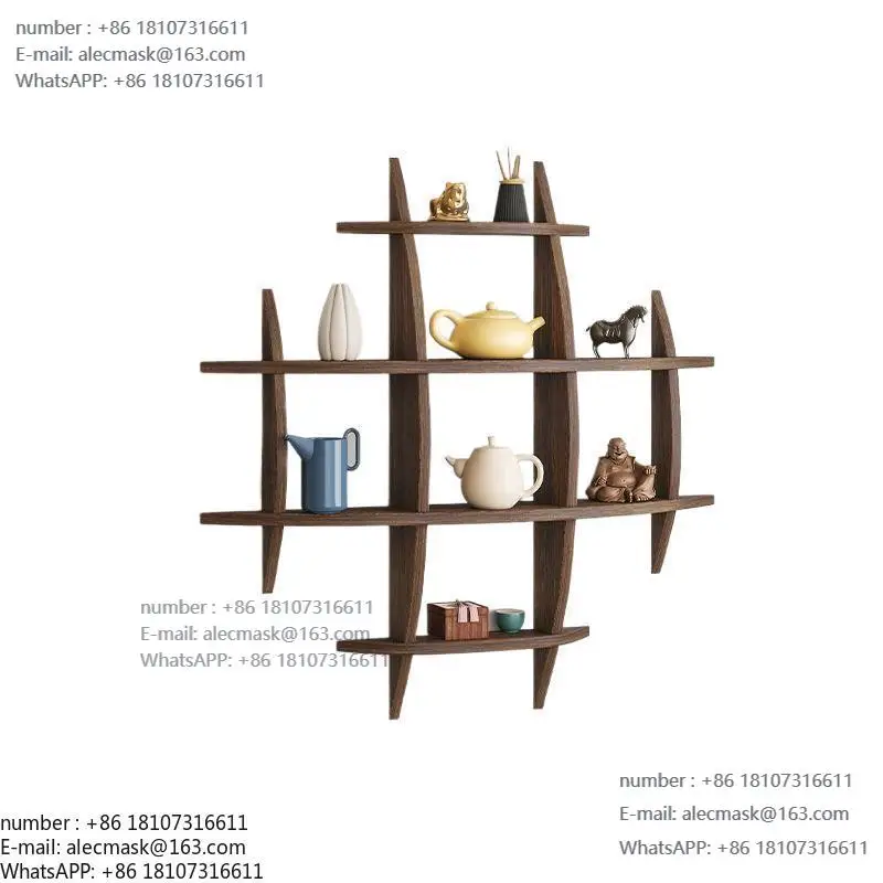 

Wall-mounted solid wood wall-mounted teacup Pavilion lattice rack Background display