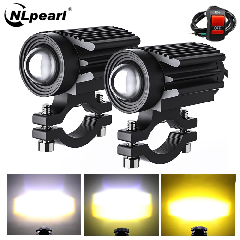 NLpearl 2pcs Motorcycle LED Light Fog Spotlights Led Auxiliary Driving Lamp Universal Dual Color Spotlights for Moto Off-road