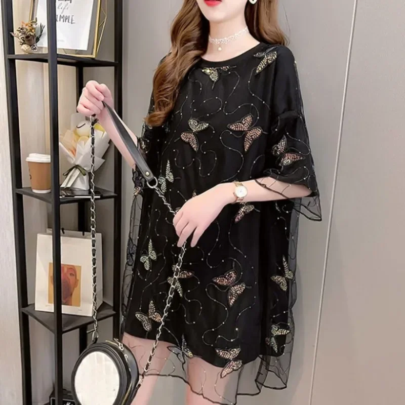 قصيرة الأكمام المرأة تي شيرت الترتر الإناث قطعة واحدة البوليستر الكورية مراجعات العديد من الملابس المحملة ملابس عصرية 2025 بيع