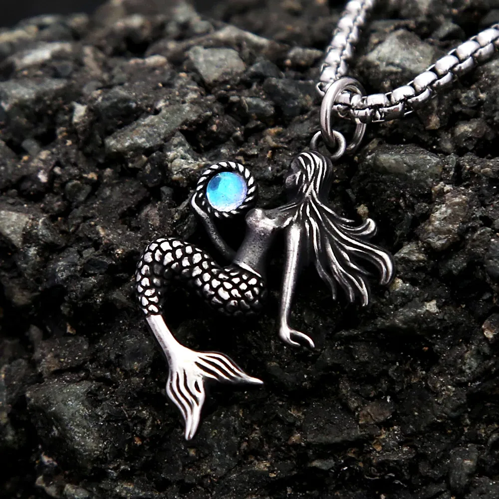 Vintage Sea Mermaid Stainless Steel Pendant Necklace Mermaid Inlaid Bule Opal Design For Men Women Ocean Legend Fashion Jewelry