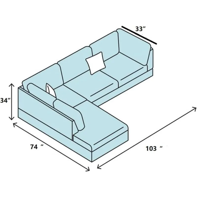 Modern 103" Sectional Sofa for Lving Room Couch Set with 3-Seat and Right Chaise Longue w/ 2 Pillows Storage Ottoman for