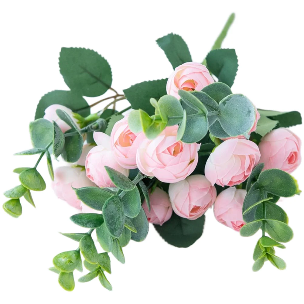 Premium Silk Artificial Bouquet with Eucalyptus Roses and Camellias for Wedding Home Decor 30cm Tall 5 Forks White Pink Red etc