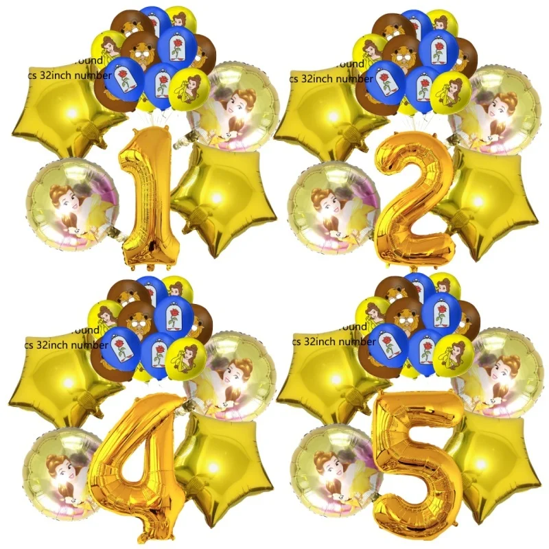 Juego de 15 Globos de Papel de Aluminio con Número de La Bella y la Bestia, Decoración de Fiesta Temática de Princesas, Suministros para Fiestas de Cumpleaños de Niñas, Baby Shower, Bodas