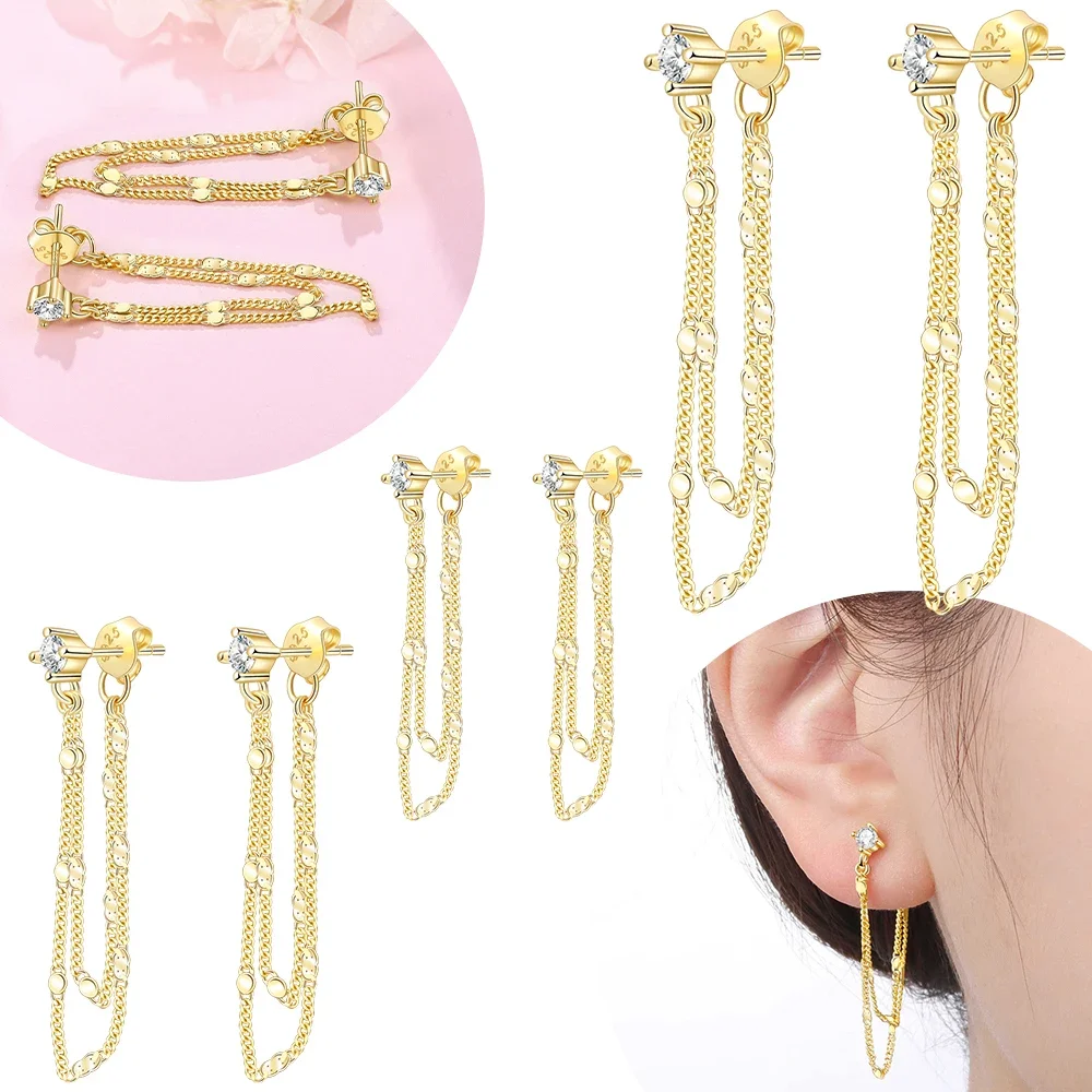 Original 925 Sterling Silver Earrings Zircon Shiny Bohemian Earrings Golden Simple Fringed Earrings Woman Jewelry Valentine Gift