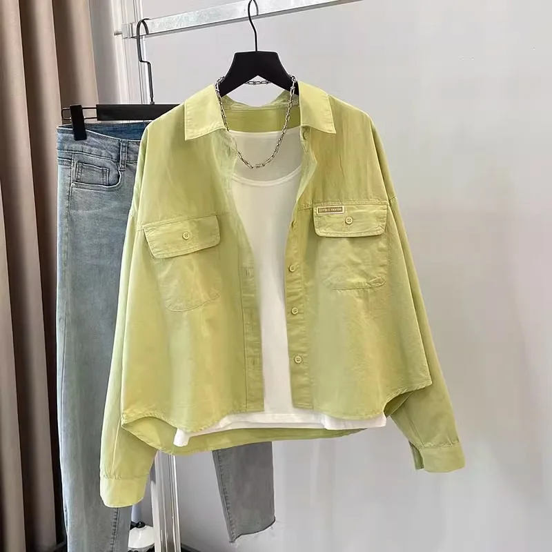 

Женская рубашка-жакет из чистого хлопка с коротким рукавом в корейском стиле, повседневная, универсальная, с длинным рукавом, модный топ для многослойных образов для невысоких женщин.