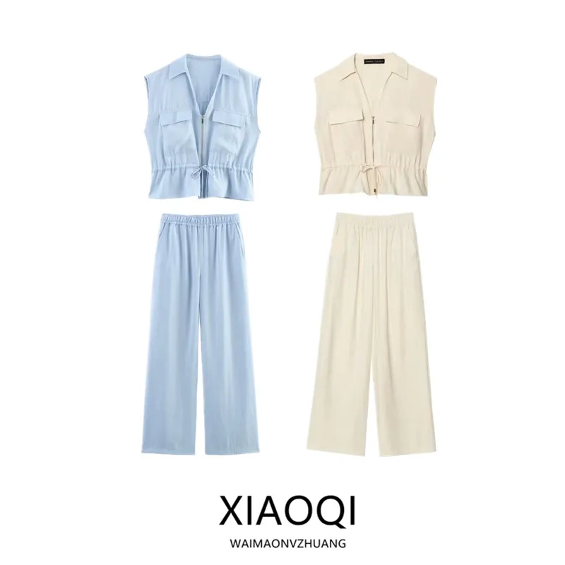 

New Summer 2025 Women's Fashion Style Sleeveless V-Neck Neutral Windbreaker Top Three-Piece Set Long Pants Zipper Closure