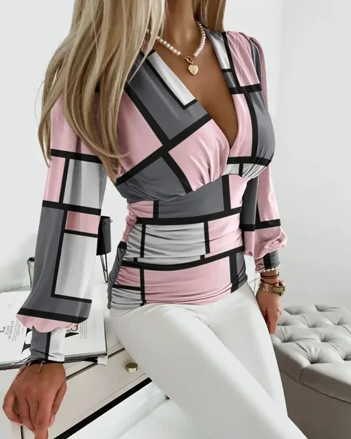 Seksowny nadruk geometryczny głębokie V topy damskie Bodycon plisowane t-shirty Lady Party długie rękawy wąska bluzka ubrania