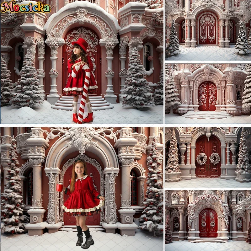 Mocsicka Photography Background Winter Christmas Red Wood Door Candy Xmas Party Kids Family Portrait Decor Backdrop Photo Studio
