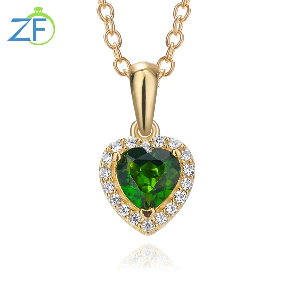 

GZ ZONGFA Natural Chrome Diopside Heart Pendant Necklace Gold Plated Real 925 Sterling Silver for Valentine's Day Gifts