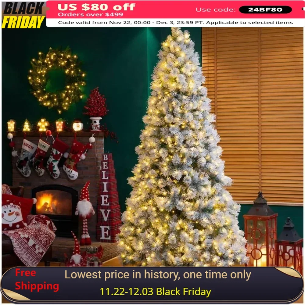 9ftChristmas Tree,Pre-Lit Snow Flocked Artificial Pinewith 900 Warm White Lights,for Holiday New Year Home Decor,Large Xmas Tree