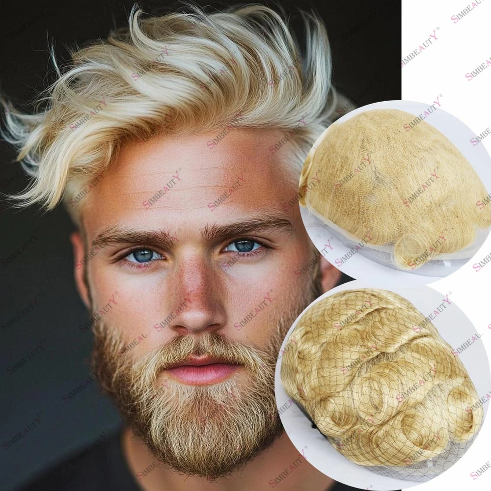 613 #   الرجال شعر بشري أشقر كامل الدانتيل الشعر المستعار غير مرئية عقدة واحدة دائم الدانتيل الفرنسي 8x10 بوصة 30 مللي متر موجة/تصحيح الشعر المستقيم