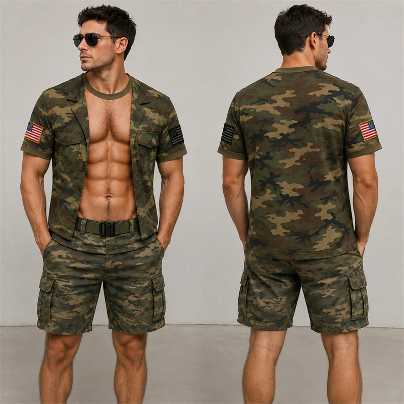 Fashion Camouflage Pattern 3D Print T Shirt For Men Fake Open Shirt Muscle Chest Short Sleeve Tees Tactical Cosplay Casual Tops