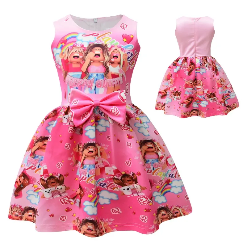 

Hot ROBLOXS Game Theme Digital Printing Princess Dress Pink Sleeveless Bow Dress Girls Birthday Party Clothing Supplies Gifts