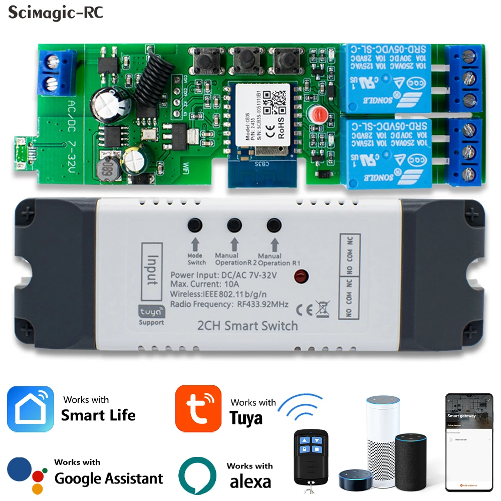 Alexa Smart Switch Tuya Smart Home 2 kanały Wifi Switch 220V 7-32V 85-250V 10A RF433 Remote 2CH Pulse Module Relay